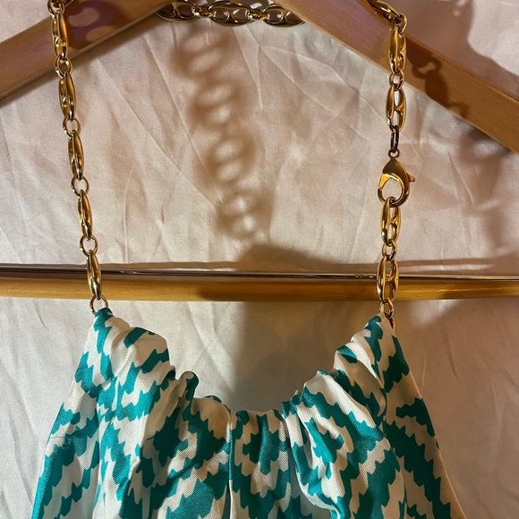 Milly Of New York Silk Dress Backless Chain Halter Sz 10 In Aqua Teal White - Picture 2 of 12